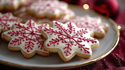 Delicious snowflake-shaped Christmas cookies with red icing and silver sprinkles on a plate.