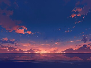 Obraz premium Sunset over calm water with clouds and a dark blue night sky background