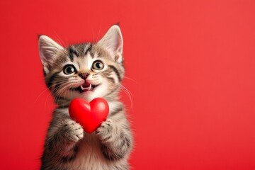 Marketing visual idea. Cute american bobtail feline infant with domestic animal toy red heart - emblem of love, funny greeting card. American bobtail - my treasured cat. Kitten and roses.