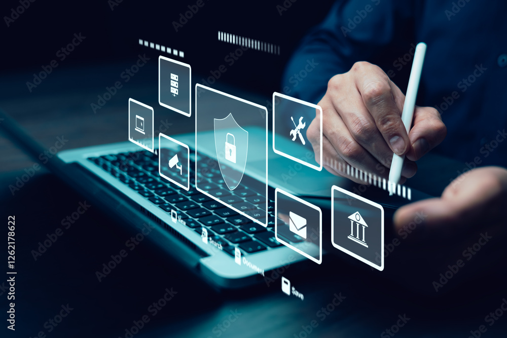 Poster cyber security and security password login online concept hands typing and entering username and pas