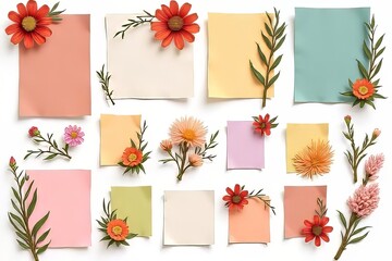 Obraz premium Colorful Floral Note Papers with Various Flowers Layered on White Background