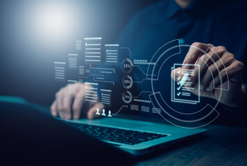 Digital workflow automation concept. A businessman using a laptop interacts with a virtual...