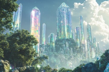 A breathtaking fantasy city built from iridescent crystal spires nestled within a lush green forest.