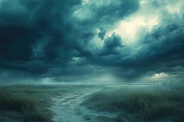 Obraz premium A dirt road cuts through a grassy field under a stormy, lightning-filled sky.