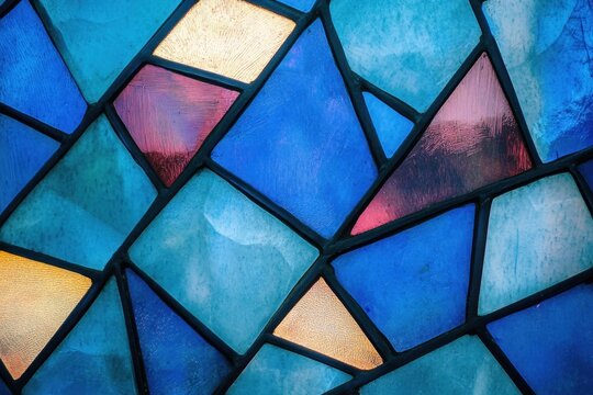 Colorful abstract stained glass window with geometric shapes visible