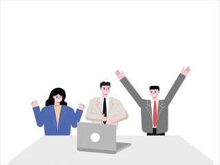 Team of male and female business workers are successful in their work. Employees reach target achievement, happy employees, successful team achieve goals. Flat design vector illustration isolated on w