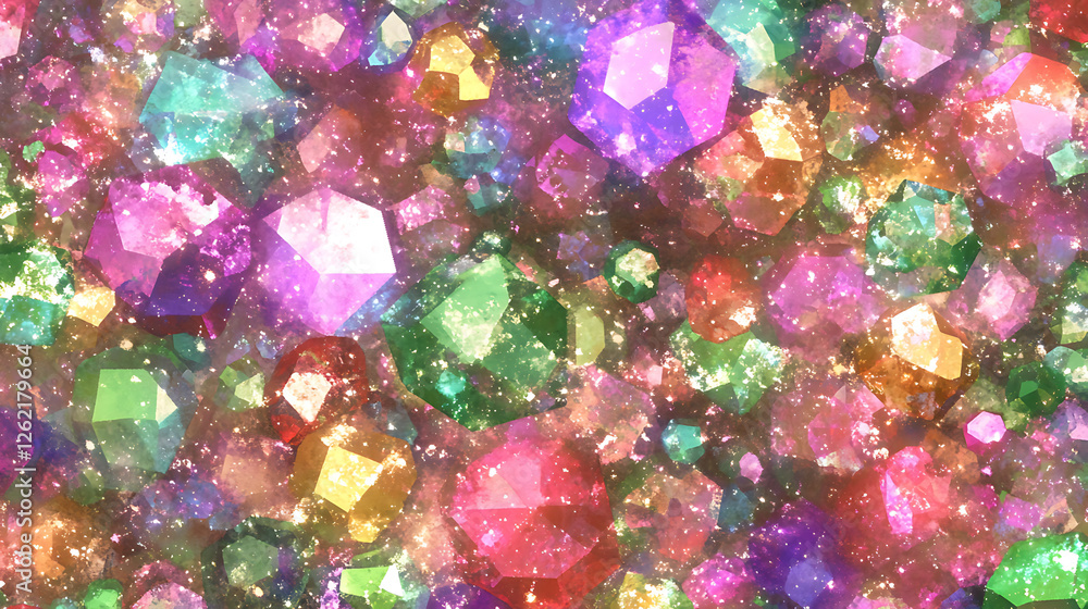 Poster sparkling gemstone cluster abstract digital art composition with rainbow color palette