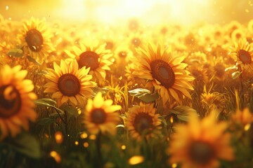 Golden sunflowers bathed in sunset's glow, creating a breathtaking field of vibrant yellow.
