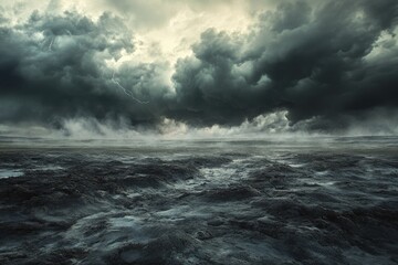 Dark, stormy landscape with ominous clouds and lightning over a desolate, rocky terrain.