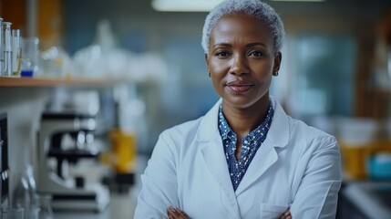 A mature African female scientist stands confidently in her laboratory, embodying professionalism and expertise in her field. She represents innovation and discovery in science.