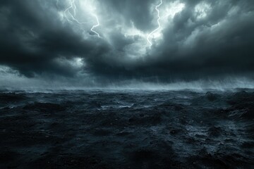 Obraz premium Dark, stormy seascape with lightning strikes and heavy rain.