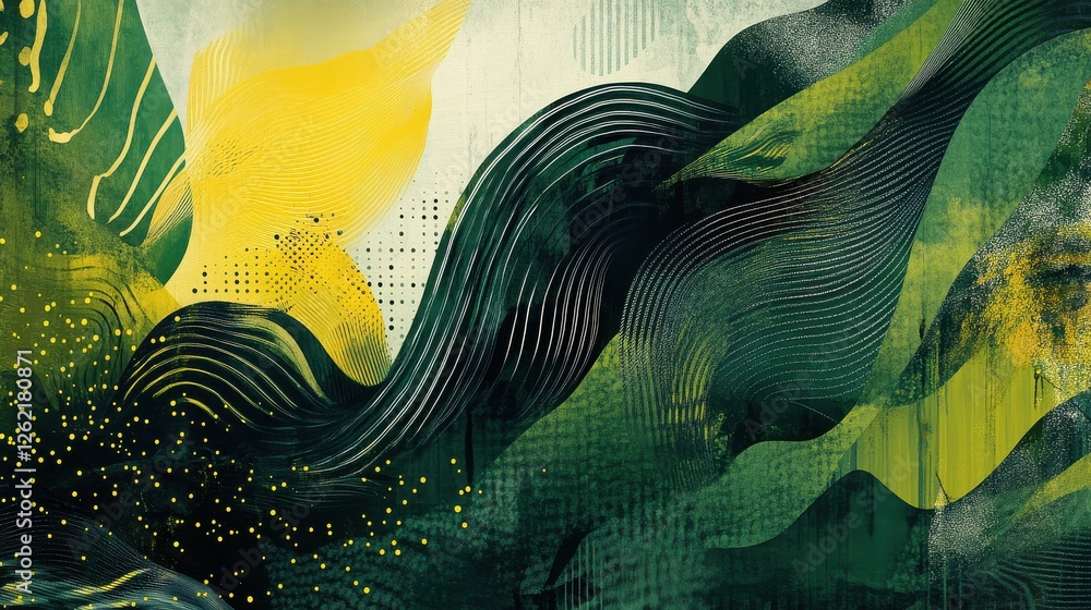 Poster abstract green and yellow waves with dynamic textures and patterns