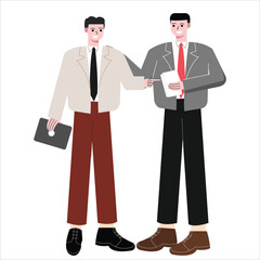 Male business workers having discussion. Office workers team discussion. Boss giving suggestion, idea, brainstorming to employees. Flat design vector illustration isolated on white background