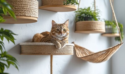 Wall-mounted cat tree condo with floating shelves, climbing poles, and hammock beds, maximizing vertical space and providing cats with an elevated, Generative AI