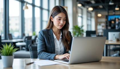 Professional Businesswoman Working on Laptop in Modern Office with Large Windows and Natural Light