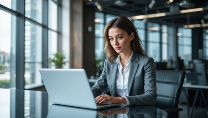 Professional Businesswoman Working on Laptop in Modern Office Environment with Natural Light and Contemporary Design