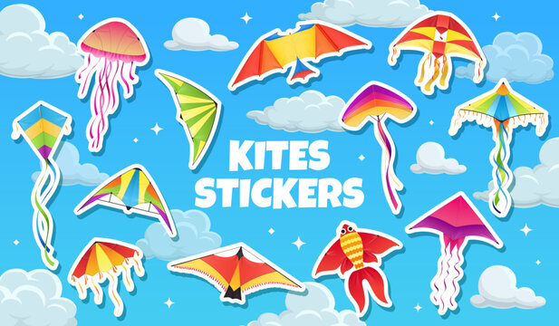 V, makar sankranti festival stickers pack. Vector patches of cartoon flying toys for kids summer game play. Colorful kites stickers in shape of bird, fish and jellyfish with rainbow tails