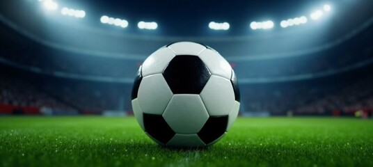 Naklejka premium Soccer ball on a green field in a brightly lit stadium at night