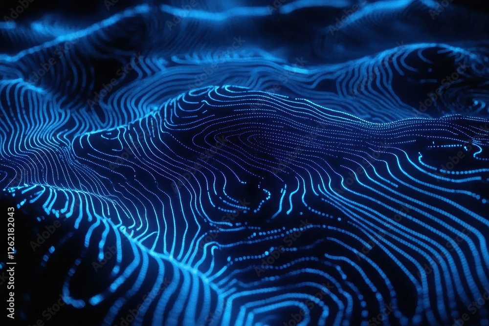 Poster glowing blue lines create intricate patterns in a digital landscape at night, abstract of glowing bl