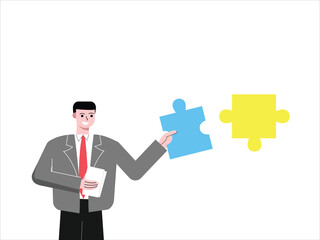 Male worker is putting together a puzzle idea while holding a note. Flat design vector illustration isolated on white background
