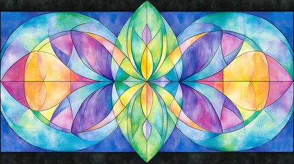 Fototapeta premium Symmetrical Bloom Watercolor Painting with Vibrant Color Palette and Geometric Overlapping Petals