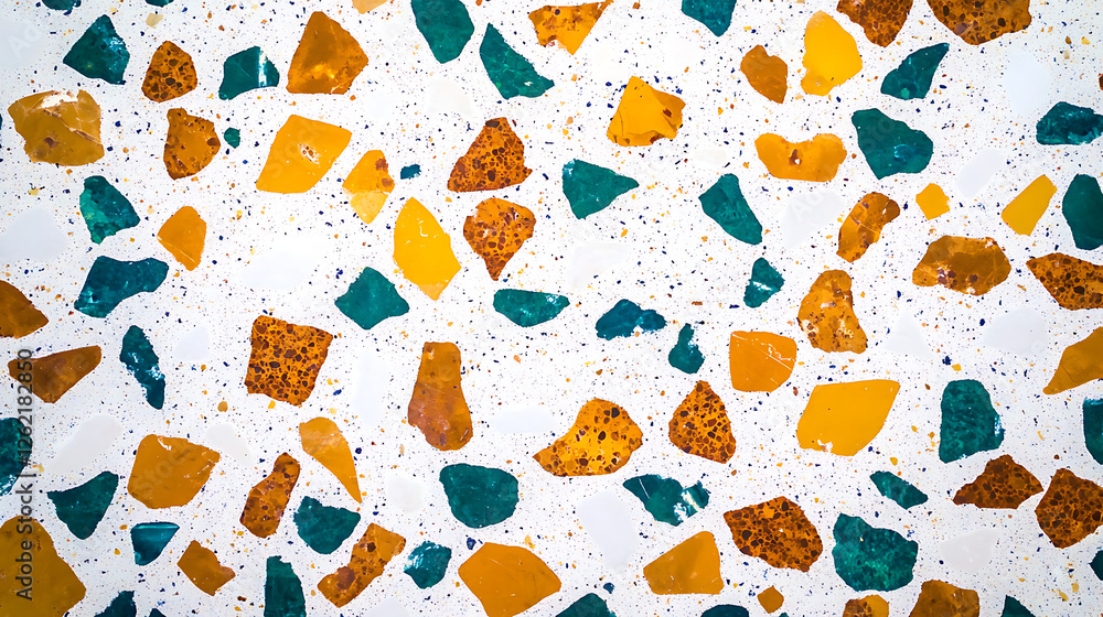 Poster terrazzo style pattern background with colorful glass and stone fragments on neutral backdrop design