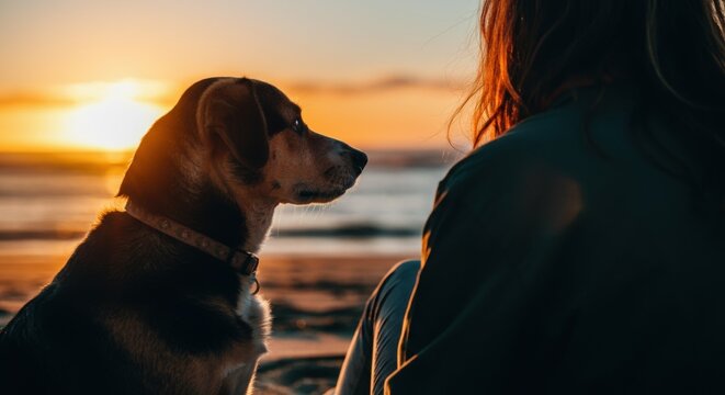 Young caucasian woman with dog at sunset on beach