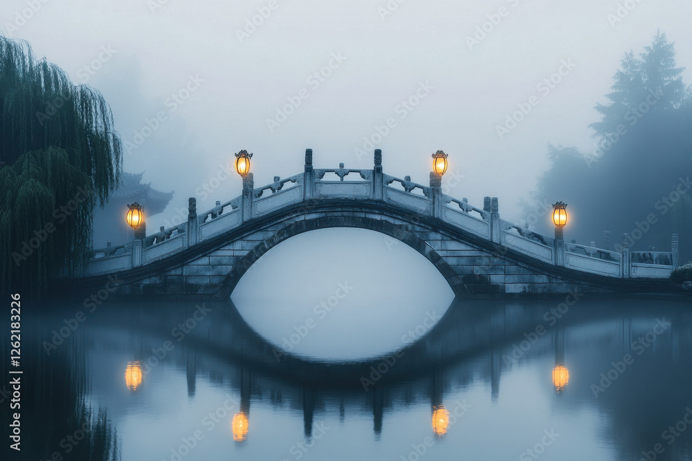 Wall mural a serene stone bridge with glowing lanterns reflects in a misty lake, surrounded by fog and willow t