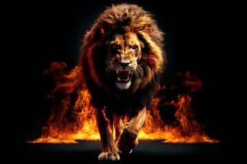 Naklejka premium lion fire on black background.