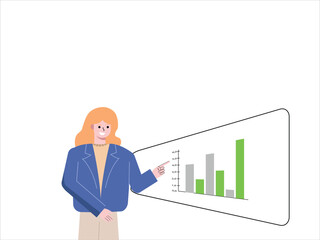 Female worker is presenting her analysis results. Female worker is looking at statistics, sales increase, invest, company success. Flat design vector illustration isolated on white background