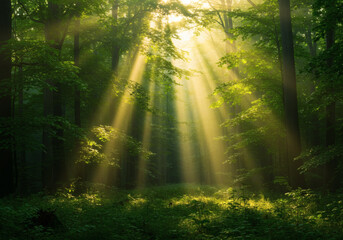 Sun rays shining through forest trees, Sunlight streaming through woods, Generative AI image