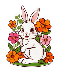 Easter bunny with colorful eggs and basket in a cute cartoon style