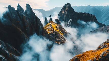Majestic Machu Picchu sunrise, Andes cloudscape, travel poster