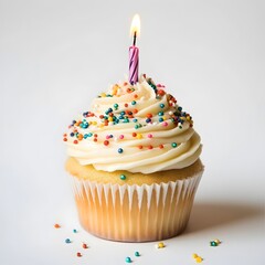 Birthday Cupcake with Candle and Colorful Sprinkles on White Background