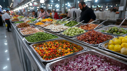 Obraz premium Market food prep vibrant vegetables, bustling chefs