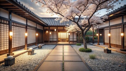Fototapeta premium Serene Courtyard Tranquil Asian-inspired Garden Pathway with Blossom Tree and Soft Evening Lighting