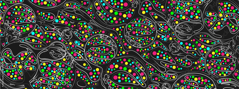 Poster abstract black background with colorful elements. vector texture of chaotic waves, particles, circle