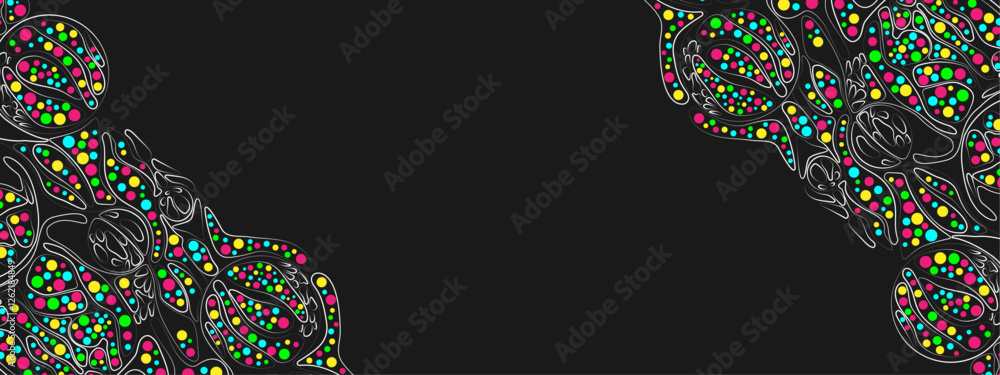 Poster abstract black background with colorful elements. vector texture of chaotic waves, particles, circle