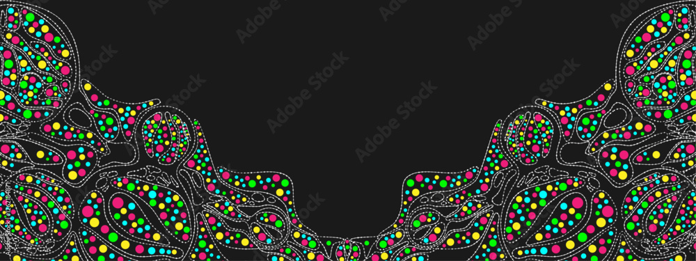 Poster abstract black background with colorful elements. vector texture of chaotic waves, particles, circle
