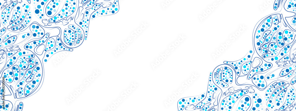 Poster blue vector background with an abstract chaotic texture. lines, particles, and circles create a cell