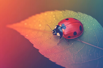 Fototapeta premium Ladybug on Dewy Leaf Portraying Luck and New Beginnings
