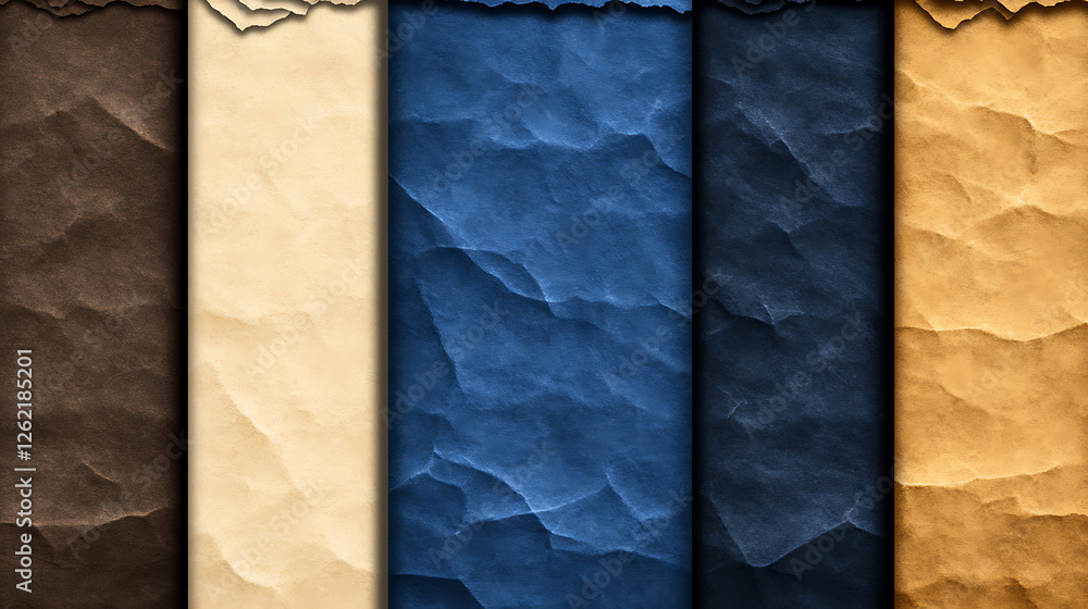 Poster varied texture paper material displaying rustic and elegant aged crumpled paper effects and rich col