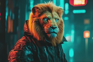Lion dressed in futuristic attire stands confidently in a vibrant cyberpunk cityscape, standing lion in full clothing against a cyberpunk background animal style