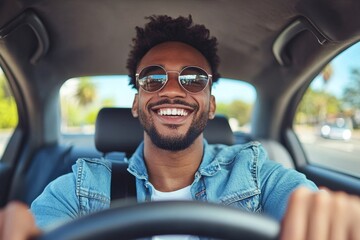 African american man driving his car shifting gears, Generative AI