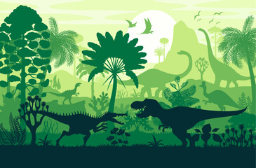 Dinosaur silhouettes in jungle forest, fighting of two dinos between trees. Vector prehistoric scene with shadows of predatory reptile animals battle, and flying pterosaurs against Jurassic backdropV