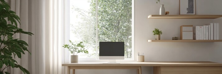 Fototapeta premium Minimalist Home Office Workspace With Natural Light and Plants