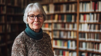 A warm portrait of an elderly female librarian smiling in a library surrounded by books, embodying knowledge, wisdom, and the love of literature.