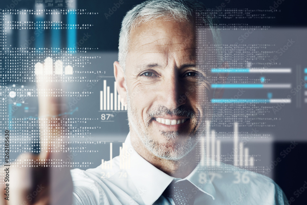 Poster Happy, businessman and touch with overlay for futuristic interaction, innovation or technology. Face, mature or man with smile, UX or UI on digital dashboard for Ai control with HUD or data.