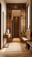 Interior stylish modern wooden entrance hallway decor with cozy wooden tone, contemporary home with furniture desk, stand and shoe bench