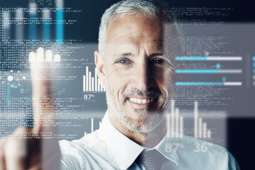 Happy, businessman and touch with overlay for futuristic interaction, innovation or technology....